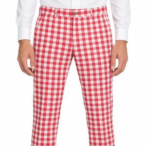 Mens 36 Red White Gingham Check Cotton Slim Fit Dress Pants Handmade Trousers